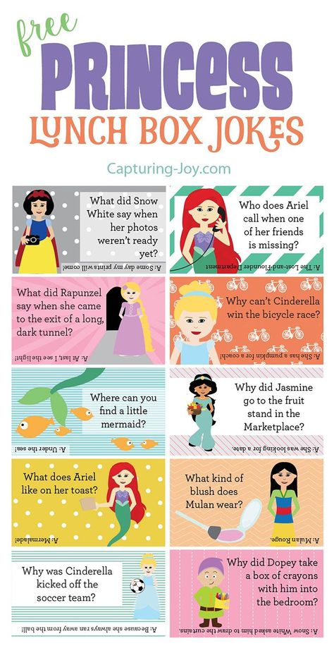 Free Disney Princess lunch box jokes on http://Capturing-Joy.com! The kids will love finding these in their lunches at school! Lunch Box Jokes For Kids, Princess Lunch Box, Lunchbox Jokes, Funny Jokes For Kids, Fun Lunch, Lunch Box Notes, Jokes And Riddles, Jokes For Kids, Kids Lunchbox