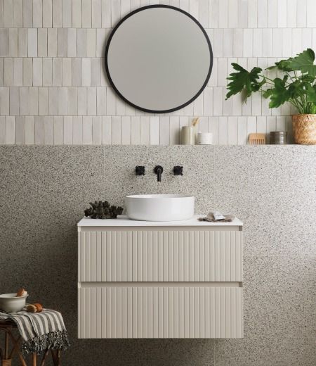 New Loop Furniture Collection Wood Floor White Bathroom, Fluted Cabinet Bathroom, Ripples Bathrooms, Bathroom 2023, Tiled Bathrooms, Brick Wall Tiles, Fluted Wood, Tactile Design, Wet Room Flooring