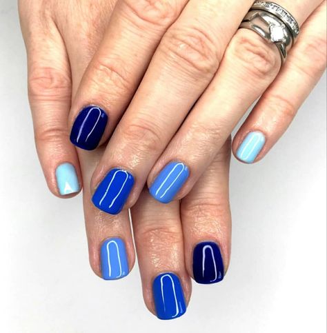 Blue Multicolor Nails Acrylic, Blue Tone Nails, Multi Color Blue Nails, Multi Colored Blue Nails, Different Color Blue Nails, Multi Blue Nails, Blue Nail Color Ideas, Different Shades Of Blue Nails, Mixed Color Nails