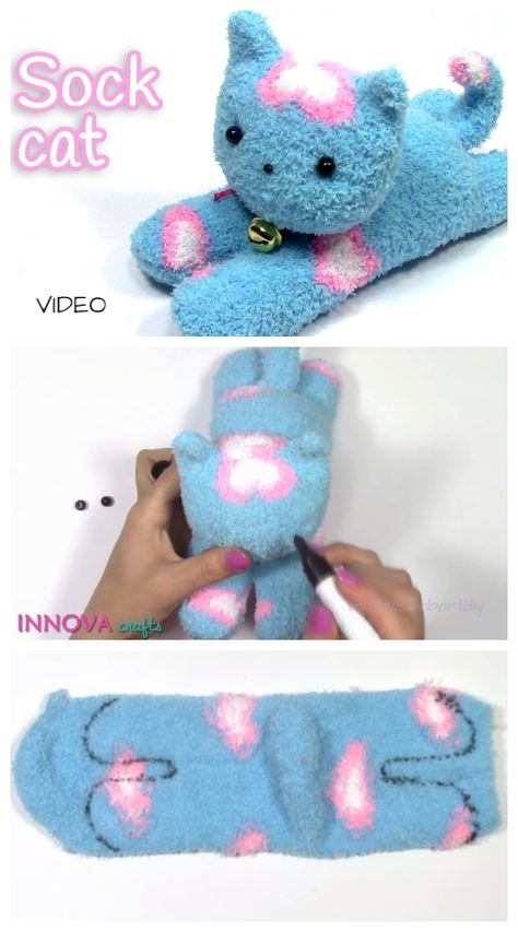 DIY Sock Kitten Free Sewing Pattern + Video Tutorial. Make a bunny head and pom pom tail. Sock Kitten, Sock Animals Diy, Sock Cat, Diy Sock Toys, Sock Animals Patterns, Toys To Make, Diy Lounge, Sock Doll, Sock Dolls