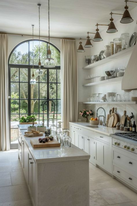 Create a stunning, chic French-inspired kitchen using these simple tips. French Eat In Kitchen, French House Kitchen, French Chic Kitchen, French Chateau Kitchen Ideas, Contemporary French Kitchen, French Kitchen Inspiration, Polished Concrete Floor Kitchen, French Chateau Kitchen, Modern French Kitchen