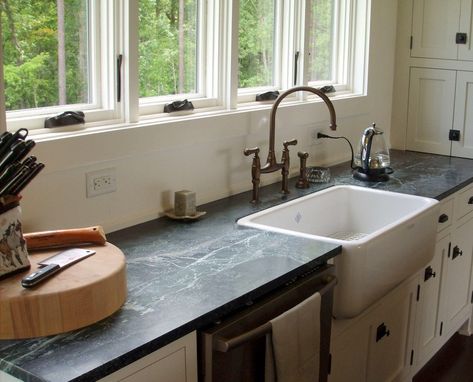 Soapstone Countertops Kitchen, Soapstone Kitchen, Soapstone Counters, White Farmhouse Sink, Kitchen Cabinet Kings, Outdoor Kitchen Countertops, Soapstone Countertops, Light Wood Cabinets, Kitchen Countertop Materials