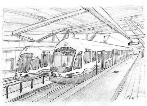 Link Light Rail Trains at Tukwila Station Train Sketch, Ancient Egyptian Architecture, Train Drawing, Composition Drawing, Railroad Art, Interior Architecture Drawing, Indie Drawings, Subway Train, Art Drawings Sketches Pencil