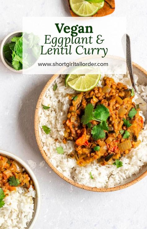 Vegan Eggplant Lentil Curry Eggplant Lentil, Healthy Curry, Tomato Lentils, Lentil Curry Recipes, Vegan Eggplant, Homemade Curry, Vegan Entree, Easy Vegan Dinner, Curry Spices