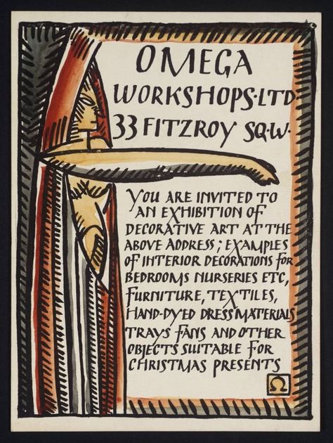 Omega Workshops ~ Duncan Grant (?) ~ Private view card for the opening exhibition at the Omega Workshops ~ 1913 Dora Carrington, Wyndham Lewis, Virginia Wolf, Duncan Grant, Vanessa Bell, Bloomsbury Group, Avant Garde Artists, Candle Shades, Art Terms