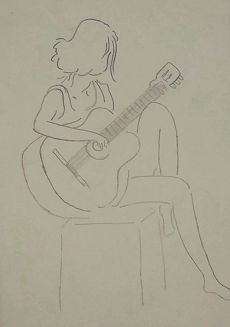 Girl Playing Guitar Drawing, Facial Sketches, Guitar Outline, Pencil Sketches Of Girls, Guitar Sketch, Guitar Drawing, Sketches Of Love, Fall Arts And Crafts, Sketchbook Art