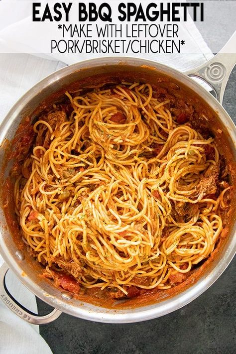 BBQ Spaghetti is the perfect recipe for using up leftover pulled pork, brisket, or even chicken!  This fast and easy dinner has a flavorful bbq sauce you and your whole family will love! Barbecue Spaghetti, Pulled Pork Pasta, Bbq Spaghetti, Bbq Pasta, Fast And Easy Dinner, Leftover Pulled Pork, The Salty Marshmallow, Pork Brisket, Salty Marshmallow