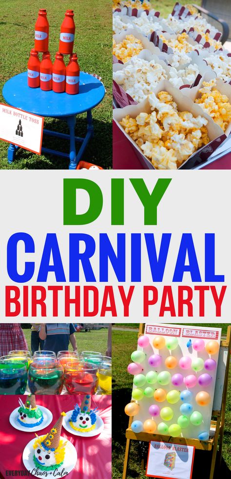 Birthday Party Ideas: Throw an amazing DIY carnival birthday party for your kids. Ideas for carnival themed games, activities, and food! Diy Carnival Birthday Party, Party Ideas For Family, Carnival Birthday Party Games, Carnaval Kids, Diy Karneval, Birthday Games For Kids, Carnival Games For Kids, Theme Carnaval, Carnival Birthday Party Theme