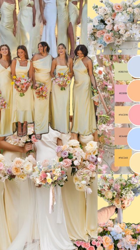 Mixed Bridesmaid Dresses, Bridesmaid Dress Color Schemes, Yellow Wedding Colors, Pastel Wedding Theme, Pastel Bridesmaids, Wildflower Wedding Theme, Yellow Wedding Theme, Boho Wedding Theme, Wedding Motifs