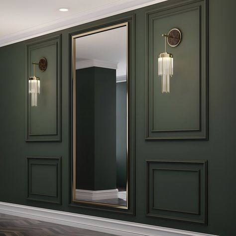 Dark Green Wall Panelling, Paneling With Mirror, Green Panelled Wall, Dance Studio Decor, Green Sofa Living Room, Diy Girls Bedroom, Wall Panel Molding, Modern Home Offices, Dark Green Walls