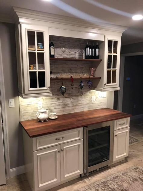 Coffee Bar Ideas Built In Wall, Built In With Mini Fridge, Rustic Dry Bar Ideas, Serving Bar In Kitchen, Breakfast Bar Built Into Wall, Country Modern Kitchen Farmhouse Style, Basement Wet Bar Ideas Small Spaces, Office In Kitchen Ideas, Kitchen Wet Bar Ideas