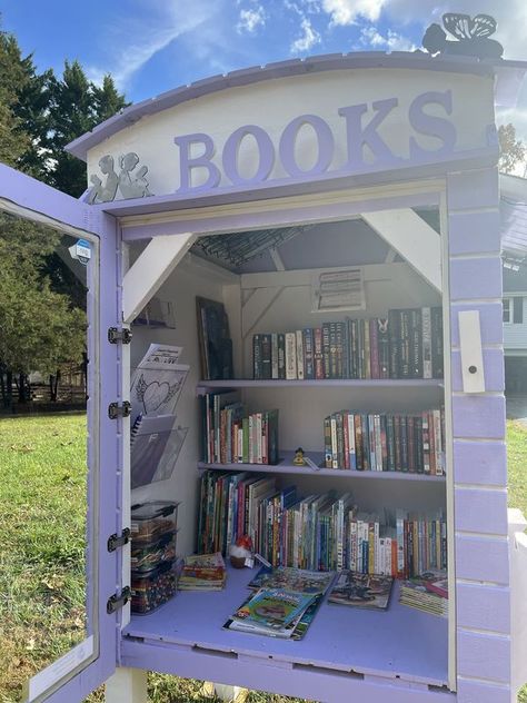 Little Free Library Mini Community Library, Tiny Library Ideas, Community Library Boxes, Free Library Box Ideas, Shed Library, Little Free Library Ideas, Blessing Boxes, Free Little Library, Library House