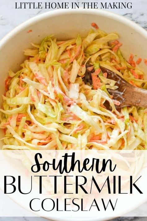 This creamy buttermilk coleslaw is perfectly crisp, creamy, and sweet. All the things a southern style coleslaw should be! This creamy coleslaw recipe is perfect for pulled pork, fried chicken, and for all your coleslaw needs! A homemade buttermilk coleslaw that is always crisp, never soggy thanks to a special technique. Perfect for BBQ side dishes and salads, or for serving at Memorial Day or 4th of July parties and picnics! Southern Style Coleslaw, Buttermilk Coleslaw Recipe, Buttermilk Coleslaw, Sweet Coleslaw Recipe, Creamy Coleslaw Recipe, Recipe For Buttermilk, Southern Coleslaw, Senior Meals, Best Coleslaw Recipe