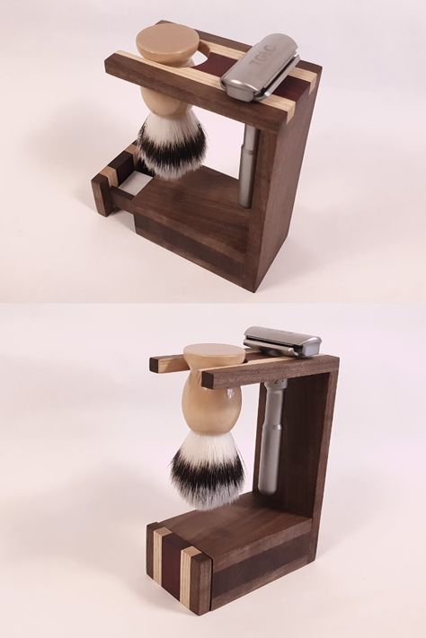 Masculine Vanity, Shaving Shelf, Shaving Station, Wood Technology, Safety Razor Stand, Quick Woodworking Projects, Diy Safety, Shaving Stand, Brush Stand