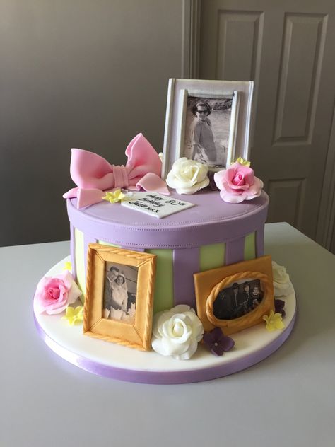 Using edible images, handmade picture frames and flowers. A beautiful vintage style tribute for an 80th Birthday celebration Edible Pictures On Cakes, Cake Picture Frame, Cakes With Pictures Printed On Them, Cake With Edible Picture, 80th Birthday Cake, Handmade Picture Frames, 80 Birthday Cake, Edible Images, 80th Birthday