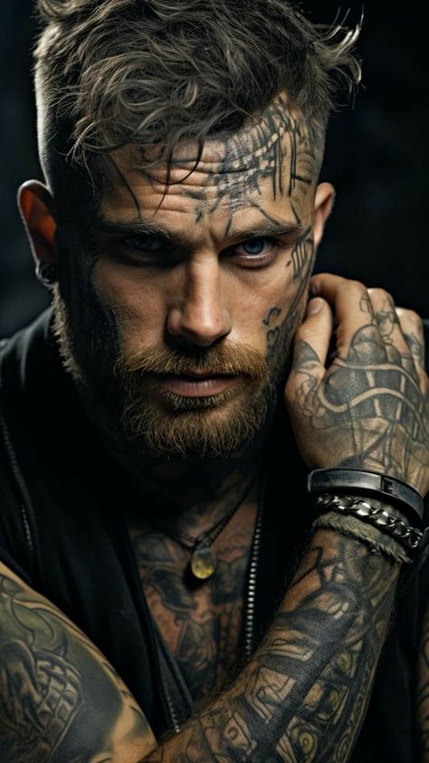 Tattooed Male Models, Viking Ancestry, Mafia Men, Colored Pictures, Gorgeous Guys, Dainty Tattoos, Face Tattoo, Tattoo Model