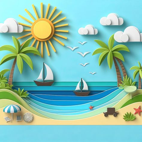 Summer Theme Board, Illustration Board Design, Wave Craft, Paper Scene, Paper Cutout Art, Graphic Design Collection, Photo Summer, Motion Backgrounds, Girly Wall Art