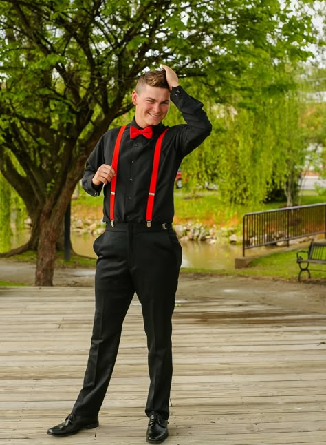 Red Bowtie Outfit Men, Red Suspenders Outfit Men, High School Homecoming Mens Outfit, Homecoming Boys Outfits High School, Red Chambelanes Outfits, Red Bow Tie Outfit, Boys Homecoming Outfits High School, Groomsmen Attire Suspenders, Homecoming Boys Outfits