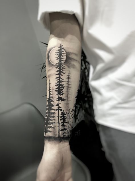 Forest Band Tattoo Design, Geometric Tattoo Tree, Tattoo Homme, Wrist Tattoo Ideas, Animal Tattoo Ideas, Band Tattoo Designs, Forest Tattoos, Leg Tattoo Men, Arm Band Tattoo