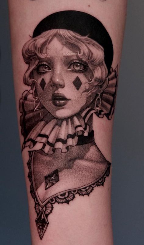 Dark Lady Tattoo, Tattoo Portrait Design, Goth Tattoo Designs Drawings, Female Clown Tattoo, Goth Tatoos, Aesthetic Tattoo Ideas, Casino Tattoo, 15 Aesthetic, Decorative Walls