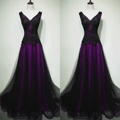 Gothic Purple Wedding Dresses Black Lace Applique Sleeveless V Neck Bridal Gowns  | eBay Purple Black Wedding Dress, Purple Gothic Wedding Dress, Black Purple Wedding Dress, Deep Purple Wedding Theme, Black And Purple Dresses, Dark Purple Gown Elegant, Black Red And Purple Wedding, Black And Purple Prom Dress, Purple Wedding Dress The Bride