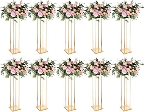 LoveCat Set of 10 Wedding Centerpieces Geometric High Gold Vases - 31.5" Artificial Flower Display Stand for Wedding Christmas Carnival Party Dinner Event Hotel Home Decor Arrangement Wedding Flower Stand, Metal Column, Gold Wedding Centerpieces, Gold Wedding Flowers, Geometric Centerpiece, Wedding Party Centerpieces, Geometric Vases, Tall Flowers, Venue Decorations