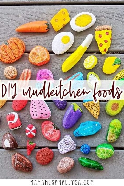 Diy Kid Mud Kitchen, Eyfs Mud Kitchen Ideas, Kid Outdoor Mud Kitchen, Outdoor Ideas Preschool, Mud Kitchen Stone Food, Garden Toys Diy Outdoor Play, Mud Kitchen Decor, Outside Play For Toddlers, Rock Garden Ideas For Kids