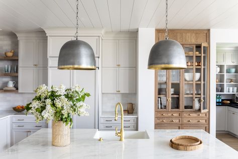 Woodcrest Remodel | House of Jade Interiors Jade Kitchen, House Of Jade Interiors, Built In China Cabinet, Interior Design Secrets, Gold Pendant Light, Glass Front Cabinets, White Shiplap, Herringbone Floor, White Marble Countertops