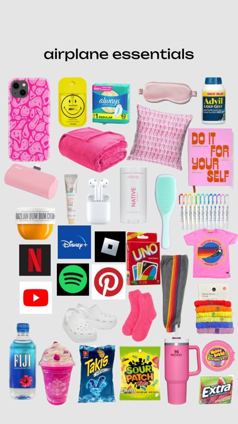 airplane essentials💗 Airport Essentials, Road Trip Necessities, Trip Essentials Packing Lists, Travel Backpack Essentials, Road Trip Bag, Road Trip Kit, School Emergency Kit, School Backpack Essentials, Trip Bag