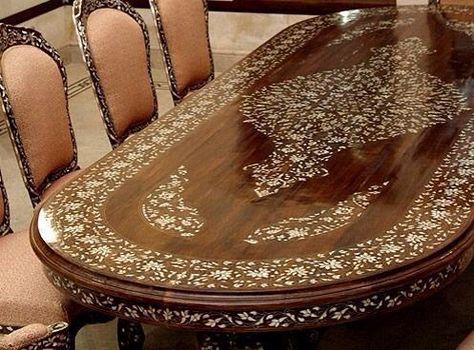 Dinning table syrian Handmade , mother of pearl Mother Of Pearl Tv Unit, Inlay Cabinets, Syrian Furniture, Damascus House, Pearl Inlay Furniture, Marble Inlay Floor, Classic House Interior Design, Wooden Living Room Furniture, Thai Decor