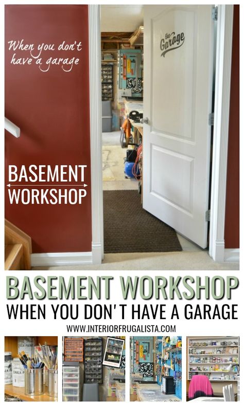 When you don't have a garage! Here I share a tour of our basement workshop with creative storage, organization and workspace solutions. | The Interior Frugalista Basement Workshop Ideas, Workshop Workbench, Garage Organization Shelves, Workbench Storage, Corner Shelving, Shelves Garage, Corner Shelving Unit, Basement Workshop, Basement Organization