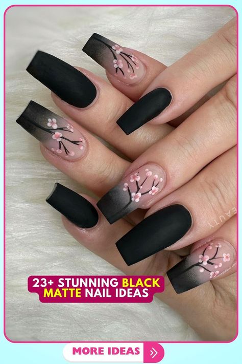 Black matte nails with a Sakura blossom design in pastel pink on a coffin shape, ideal for spring occasions. The acrylic material and artistic floral detailing make these suitable for both casual and semi-formal events. Matte Nail Ideas, Pink Black Nails, Matte Nail Art, Matte Black Nails, Black Acrylic Nails, Matte Nail, Spring Nail Designs, Cute Spring Nails, Matte Nails Design