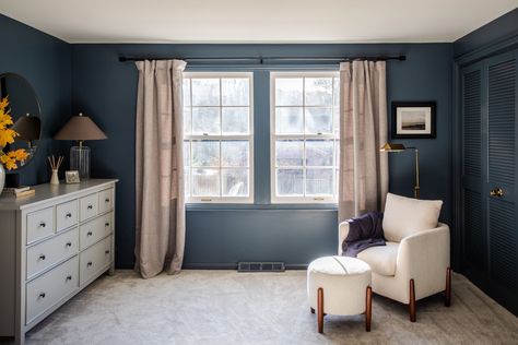 Dark Blue Paint Color, Dark Blue Rooms, Dark Blue Bedroom, Dark Blue Bedrooms, Warm Paint Colors, Half Price Drapes, Bedroom Reveal, Home Staging Tips, Modern Masters