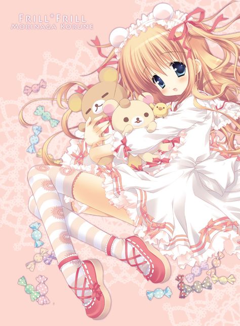 ✮ ANIME ART ✮ sweet lolita. . .dress. . .ruffles. . .lace. . .ribbons. . .teddy bears. . .plush toys. . .Rilakkuma. . .teddy bear ears. . .headdress. . .long hair. . .striped socks. . .candy. . .cute. . .moe. . .kawaii An Anime, Teddy Bears, The Gallery, Original Image, Bears, Blonde, Hair, Anime, Pink