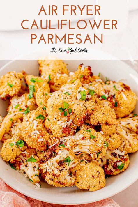 These seasoned, air fried bites of cauliflower are wonderful as is, but we're taking it up a level by sprinkling some parmesan cheese on top. Savory, quick, and easy – parmesan cauliflower bites are all this and more. Califlower Recipes Airfry, Air Fryer Cauliflower, Healthy Ranch Dressing, Parmesan Cauliflower, Potato Pasta, Cauliflower Cheese, Cauliflower Bites, Healthy Snack Options, Girl Cooking