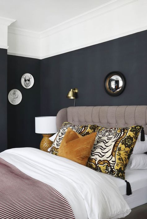 South london Victorian Home black bedroom painted headboard bed wall art Victorian Black Bedroom, Victorian Main Bedroom, Pink And Black Victorian Bedroom, Picture Rail Bedroom, Victorian Double Bed, Practical Bedroom, Bedroom Decor Pictures, Master Victorian Bedroom Ideas, Bedding And Pillows