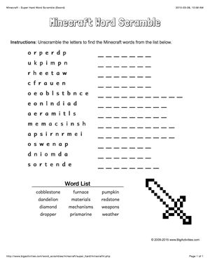 Minecraft word scramble puzzle with a sword. 4 levels of difficulty. Scrambled words change each time you visit Minecraft Worksheets, Minecraft Activities, Memorial Day Activities, Visual Perceptual Activities, New Year Words, Kids Table Wedding, Fall Worksheets, April Activities, Chinese New Year Activities