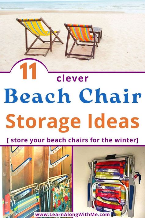 Wondering where to put your beach chairs during the off-season?  Get inspired by this list of beach chair storage ideas.

Which one will work for your home and particular style of chairs?

Most of the storage options involve hanging the beach chairs from various hooks, but there are some options for stacking them too. 
Check it out and get your beach chairs and beach gear organized.

#beachchairstorage   #beachgearstorage  #garagestorage   #garageorganization Chair Storage Ideas, Beach Chair Storage, Beach Gear Storage, Beach House Garage, Beach House Storage, Beach Towel Storage, Beach Chairs Portable, The Off Season, Garage Storage Solutions