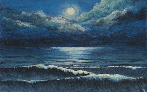 Moonlight Ocean, Moonlit Beach, Acrylic Ocean, Beach Sketches, Ocean Paintings, On The Ocean, Ocean Painting, Beach Scene, Beach Scenes