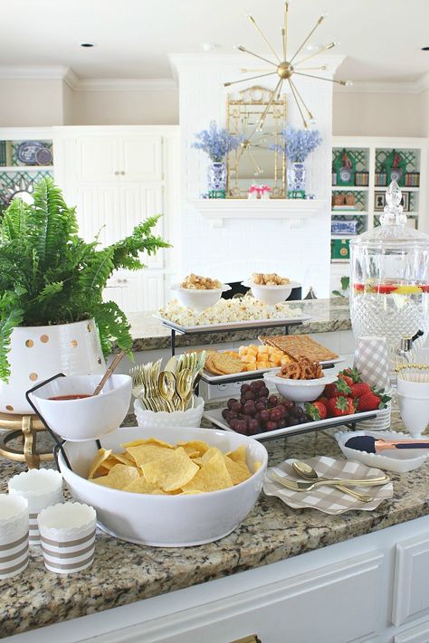 Spring Food Table Display, Home Buffet Food, Brunch Buffet On Kitchen Island, At Home Buffet Set Up, Kitchen Island Party Food Set Up, Kitchen Island Buffet Set Up For Party, Kitchen Island Food Display Party, Home Buffet Set Up Ideas, Appetizer Display