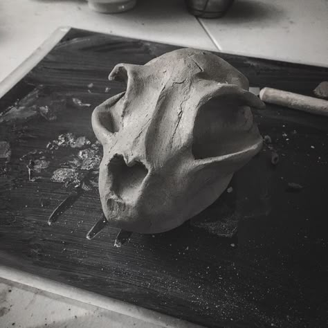 A work-in-progress of a ceramic cat skull planter I’m sculpting. #skullart #homedecor #cats #macabre #ceramics Animal Skull Sculpture, Horror Pottery, Macabre Sculpture, Skull Ceramics, Ap Ceramics, Clay Skull, Dog Pottery, Ceramic Skull, Dog Skull