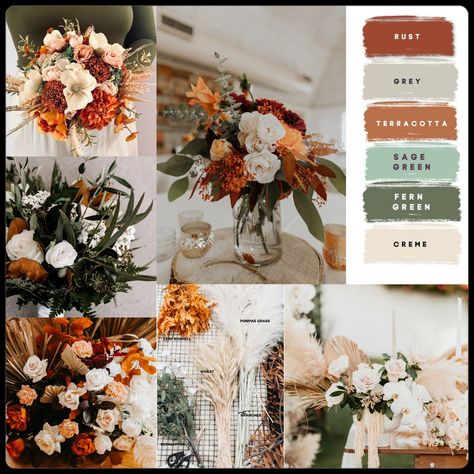 Rust Eucalyptus Wedding, Earth Tone Themed Weddings, Fall Farm Wedding Centerpieces, Rust Color Schemes Wedding, Rust Green And Tan Wedding, Wedding Colors Rust And Sage, Wedding Color Rust, Rustic Boho Wedding Colors, Taupe And Orange Wedding