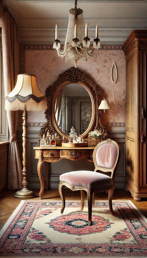 17+ Charming Vintage Room Decor Ideas for a Timeless Home 🕰️ Vintage Dressing Room Aesthetic, Vintage Makeup Room, Vintage Makeup Table, Antique Room Aesthetic, Vintage Dressing Room, Vintage Room Decor Ideas, Antique Room Decor, Victorian Style Kitchen, Vintage Chic Decor