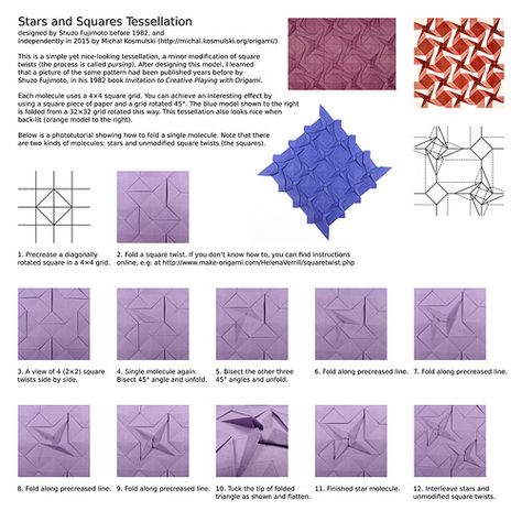 Stars and Squares Tessellation Tessellation Patterns, Origami Tutorial Easy, Origami Paper Folding, Origami Star Box, Origami Models, Origami For Beginners, Origami Dragon, Origami Fish, Origami Love