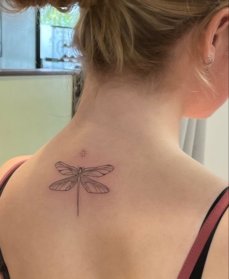 Dragonfly Tattoo With Quote, Pretty Dragonfly Tattoo, Dragon Fly Tattoo Back, Dragon Fly Back Tattoo, Dragonfly Tattoo On Back, Dragonfly Back Tattoo, Upper Back Tattoos, Dragonfly Tattoo Design, Gaming Tattoo