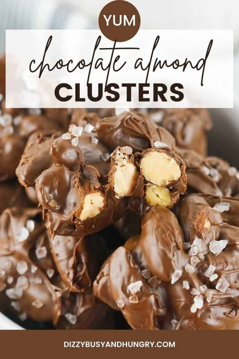 Prepare these easy and classic Chocolate Almond Clusters as a treat for the holidays or anytime you need to scratch that chocolate itch! With only two ingredients and a few minutes, you can prepare this decadent and yummy dessert. Add a sprinkle of flaky sea salt for a fantastic flavor contrast. This chocolate treat is easy to make and has nutrition from the almonds to boot! #dizzybusyandhungry #chocolatealmondclusters #chocolatenutclusters #chocolateclustersrecipe Almond Bark Peanut Clusters, What To Make With Almonds, Chocolate Almonds Recipe, Chocolate Covered Almonds Recipe, Chocolate Almond Clusters, Nut Cluster Recipe, Chocolate Nuts Clusters, Holidays Treats, Chocolate Peanut Clusters