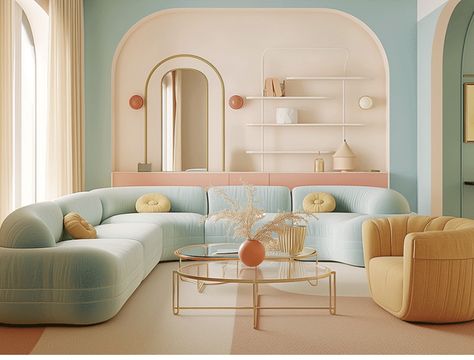 Postmodern Interior, Small Appartement, Groovy House, Postmodern Interior Design, Pastel Interior Design, Pastel Living Room, Interior Design Masters, Pastel Interior, Green Velvet Fabric