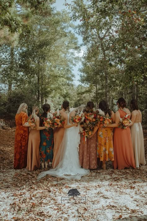 Mix Match Bridesmaids Dresses Fall, Diverse Bridesmaid Dresses, Original Bridesmaid Dresses, Multicolor Fall Bridesmaid Dresses, Uncoordinated Bridesmaid Dresses, Multicolored Bridesmaids Dresses Fall, Fall Wildflower Bridesmaid Dresses, Floral Bridesmaid Dresses Mismatched Fall, Fall Wildflower Wedding Bridesmaids