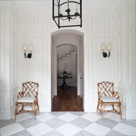 "This Old New House" - tropical - entry - miami - Mackle Construction Chinoiserie Entryway, Checkered Floor, Chippendale Chairs, Checkerboard Floor, Black And White Tiles, Chinoiserie Chic, White Floors, Old New House, Marble Floor