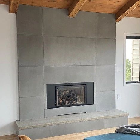 24x48 Tile Fireplace, Concrete Hearth Fireplace, Concrete Look Fireplace, Concrete Tile Fireplace, Concrete Homes Exterior, Concrete Panels Interior, Cement Fireplace, House Expansion, Fireplace Office